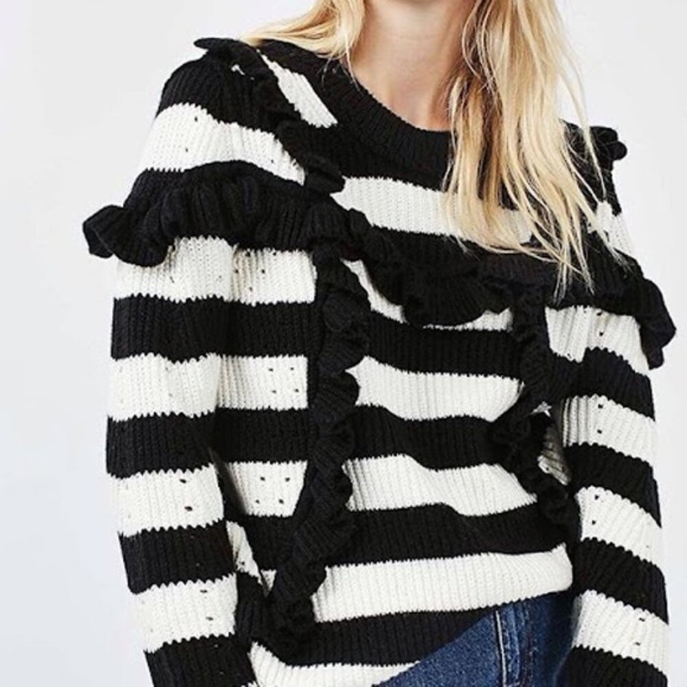 Topshop Humbug Ruffle Striped Knit Sweater Size 8 Black White Romantic Parisian - Picture 15 of 15